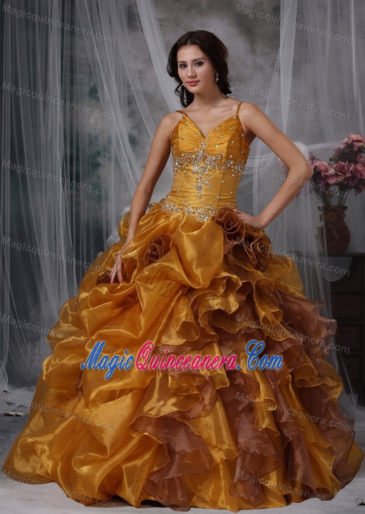 Brown Spaghetti Straps Beaded Organza Quinceaneras Dress in Bristol